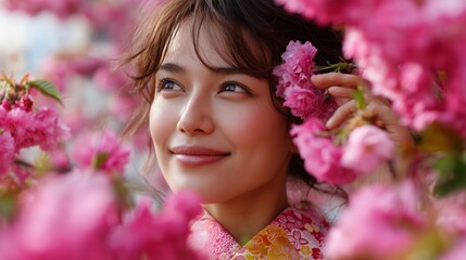 Naklejka premium Captivating woman enjoying cherry blossoms during spring in a vibrant garden