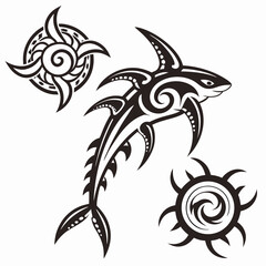 Tribal shark and sun swirl designs tattoo