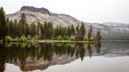 Serene mountain landscape featuring a reflective lake under natural ambient lighting.