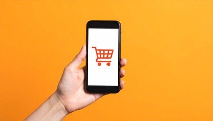 Smartphone in Hand with Shopping Cart Icon on Orange Background