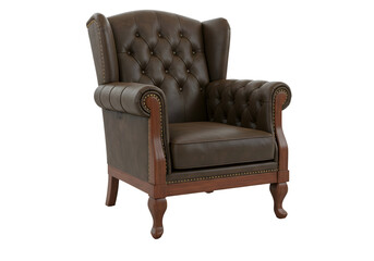 Elegant Brown Leather Wingback Armchair Classic Design Luxurious Comfort on transparent background