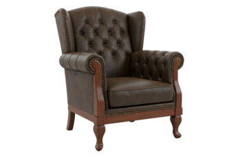 Elegant Brown Leather Wingback Armchair Classic Design Luxurious Comfort on transparent background