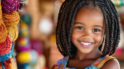 Zimbabwean girl with a beaming smile, wearing a colorful dress, happily playing in a vibrant market.