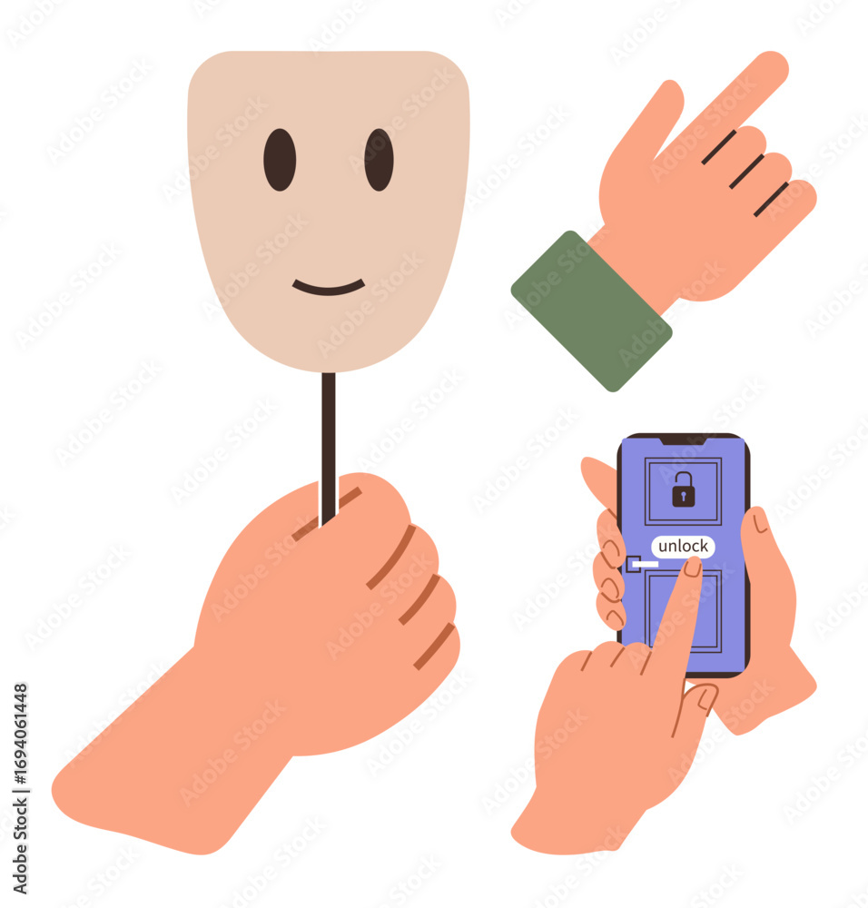 Poster smiling face mask, pointing hand, phone with unlock screen emphasize privacy, identity, cybersecurit