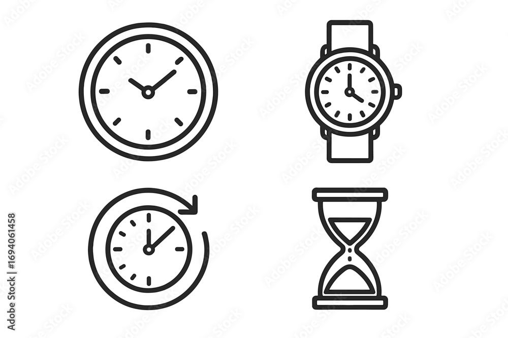 Poster time icon set simple line art vector. clock, watch, hourglass, timer symbols collection. outline des