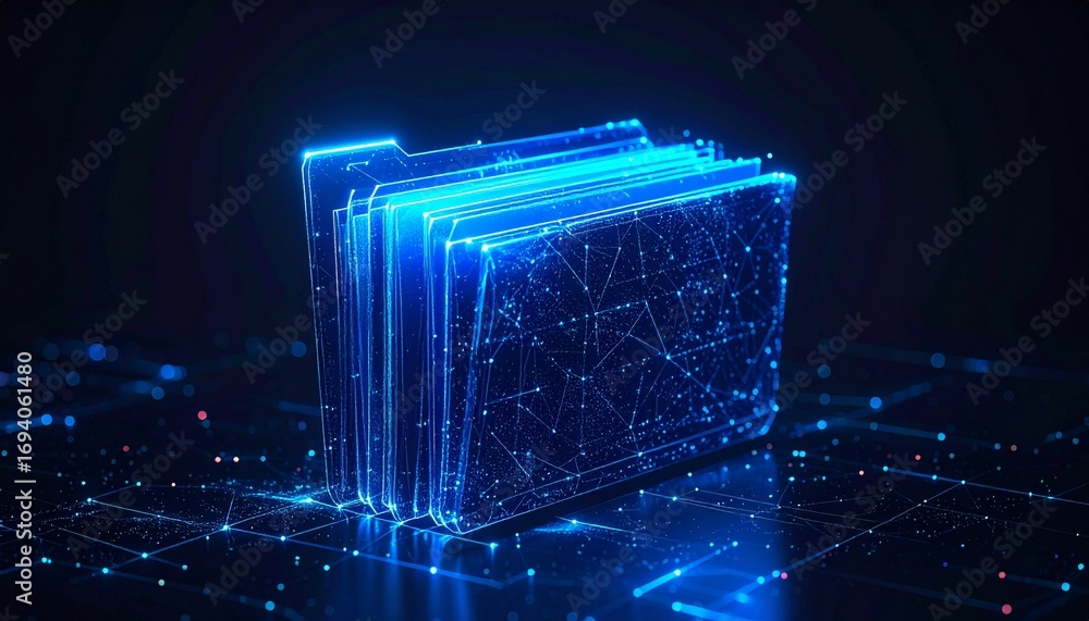 Poster digital file folders with a futuristic look, representing data organization and technology
