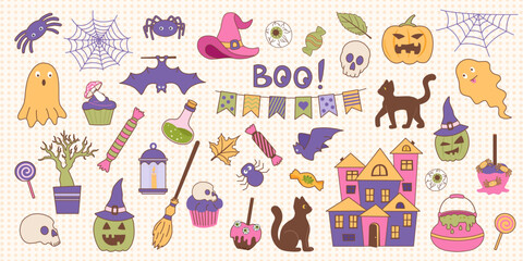 Obraz premium Set of Halloween objects. Halloween collection of cliparts. Vector flat elements in retro style.