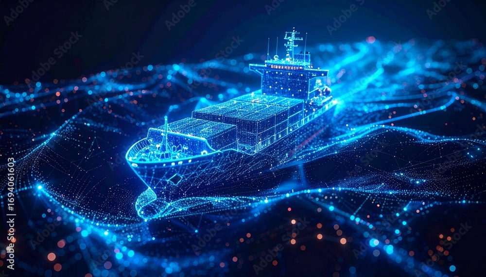 Poster digital rendition of cargo ship sailing through ocean waves at night, using luminous light patterns