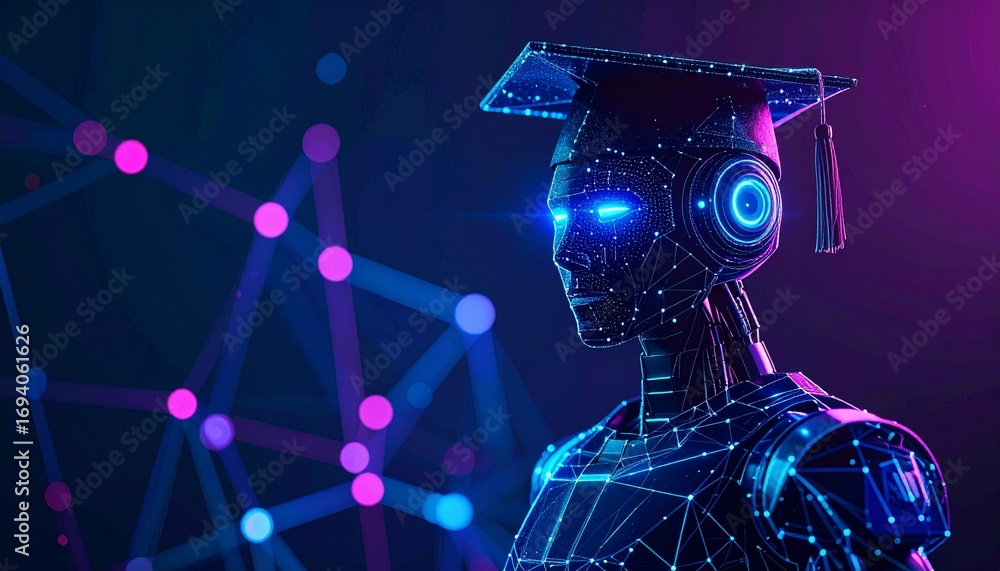 Poster an intelligent ai robot wearing a graduation cap amidst glowing digital network. the robot is design