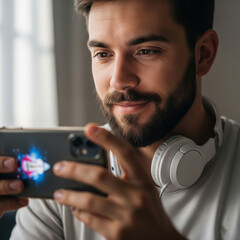 Homme avec casque regardant son téléphone