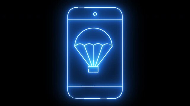 smartphone icon and parachute supply icon with neon effect