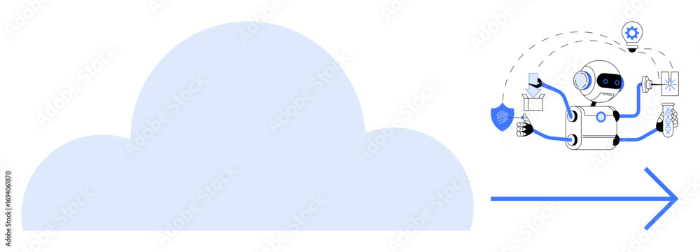 Poster large cloud icon with robotic assistant interacting with digital tools, settings, and data exchange.