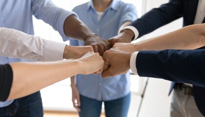 Fist bump representing unity and collaboration between diverse group of people. The close-up view captures a moment of solidarity and teamwork