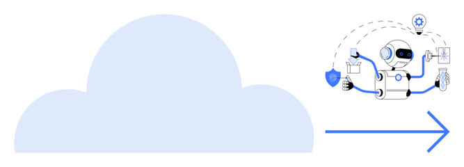 Large cloud icon with robotic assistant interacting with digital tools, settings, and data exchange. Ideal for cloud technology, AI, automation, innovation, data management, digital solutions