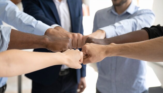 A group of people, fists bumping in unity and support, symbolizing agreement and collaboration - Powered by Adobe