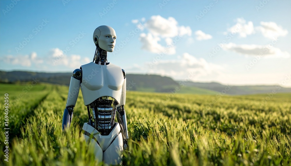 Poster an android robot standing in a field with nature background, in a futuristic setting. it symbolizes 
