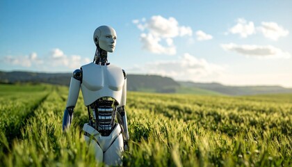 An android robot standing in a field with nature background, in a futuristic setting. It symbolizes the blending of technology and nature, reflecting on artificial intelligence and future.