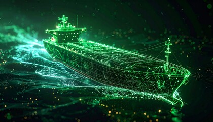 A digital rendering of a cargo ship navigating the ocean, highlighting advanced technology and global logistics. The ship is intricately detailed with glowing lines and dots.