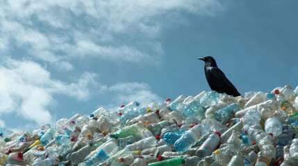 Environmental action crow watching over plastic waste urban area photography pollution awareness low angle conservation message
