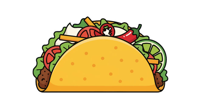 A colorful cartoon illustration of a classic hard-shell taco filled with fresh ingredients.