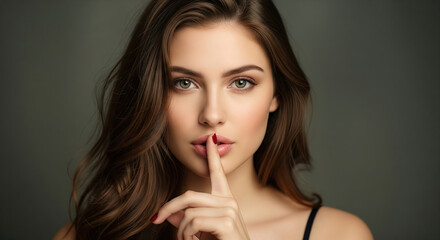 Fototapeta premium A woman with a piercing gaze, her finger resting on her lips. An impressive portrait emphasizing themes of silence and mystery.