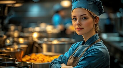 Focused Chef Woman in Busy Commercial Kitchen