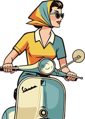 Woman Riding Scooter Retro Illustration Wearing Black Glasses