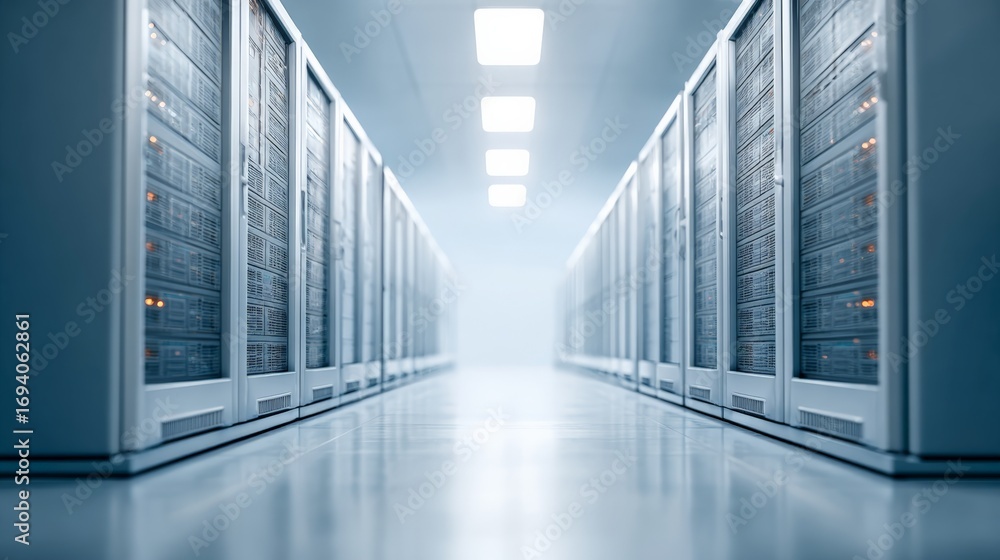 Poster powerful computer servers processing massive data streams inside sleek, climate controlled data cent