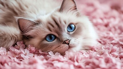 Fluffy Ragdoll Cat resting on pink flower petals