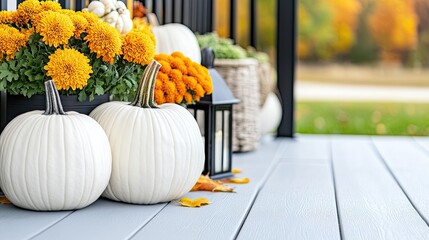 Vibrant pumpkins and colorful mums create a festive atmosphere on a charming front porch decorated for autumn