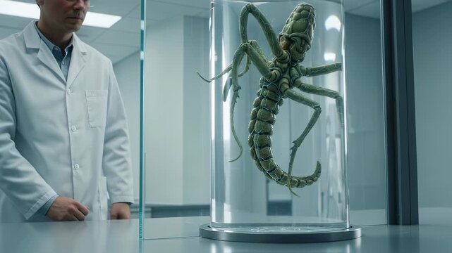 Male scientist observes an alien creature in a containment unit inside a sterile laboratory for research purposes footage