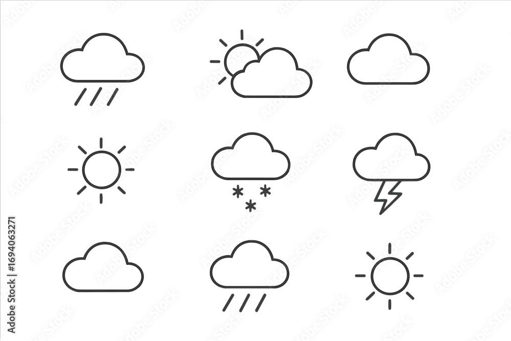 Poster weather forecast line icon set. minimalist pictogram collection for meteorology concepts. simple out