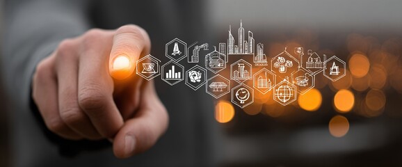 Businessman hand pointing at BPM, fintech and digital marketing icons, concept of AI modernity for virtual office or smart city, dark grey-brown bokeh, hyper-realistic