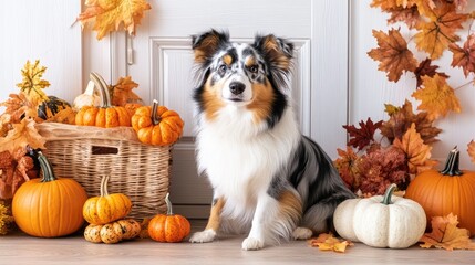 An Australian Shepherd sits on a decorated front porch adorned with colorful mums and pumpkins, capturing the essence of autumn