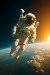 Astronaute en apesanteur dans l'espace au-dessus de la Terre.