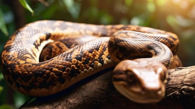 Detailed close up of a brown snake on a tree branch in natural habitat