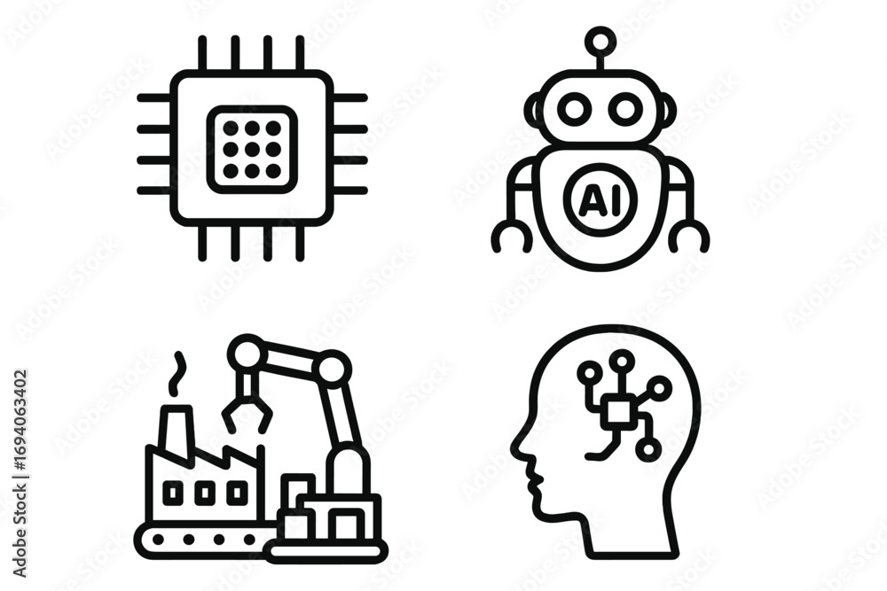 Poster technology line icon set. ai robot, cpu chip, factory automation, neural network. vector icons for a