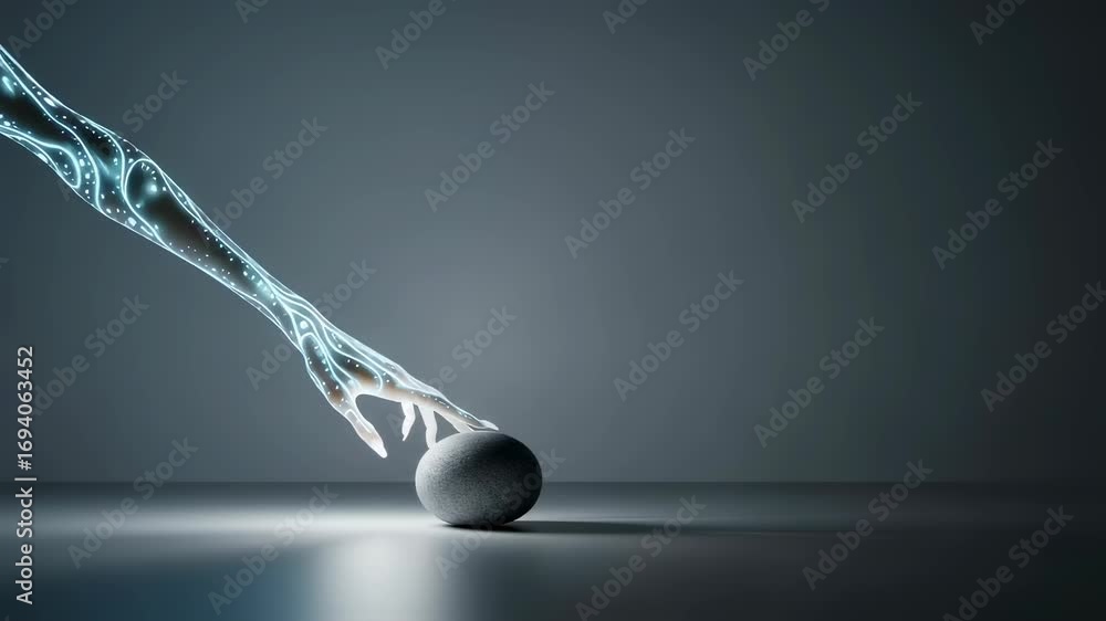 Poster ethereal hand with glowing lines reaching to touch a sphere against a gradient background for digita