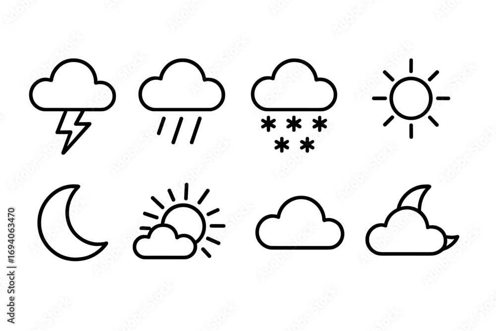 Poster weather line icon set for forecast apps and web design. vector collection of outline symbols for sun