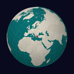 Hellenic Republic on the map. Globe centered to Greece. Country location on the world map. Teal Pale Mint color palette. Globe with countries, meridians and parallels. Alive vector illustration.