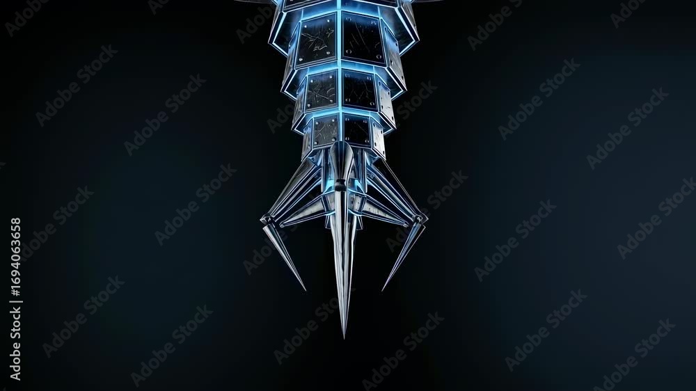 Poster futuristic metallic alien machine or ufo device structure with glowing blue lights. sci-fi abstract 