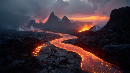 Fototapeta premium Volcanic lava flows glow bright orange carving channels beneath smoky dusk with rising steam.