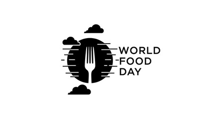 World Food Day Icon: Black Silhouette Fork in Circle with Clouds
