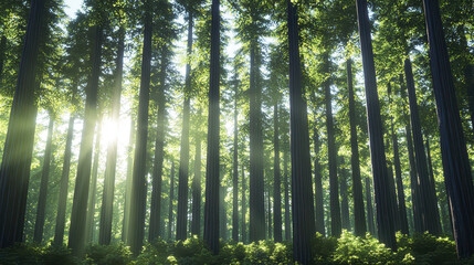 Lush forest with tall trees, sunlight filtering through leaves, creating serene atmosphere