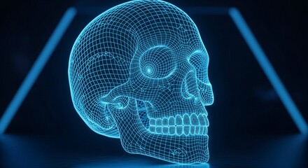 Futuristic Digital Wireframe 3D Model of Human Skull with Blue Neon Lights