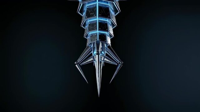 Futuristic metallic alien machine or ufo device structure with glowing blue lights. Sci-fi abstract technology for digital concept footage.