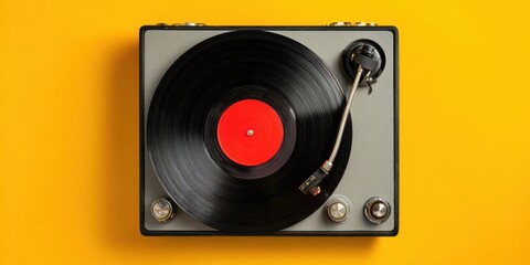 The Turntable with Black Vinyl and Red Label on Bright Yellow Background