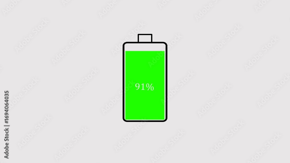 Poster simple battery icon showing ninety one percent full with green fill indicator on grey background