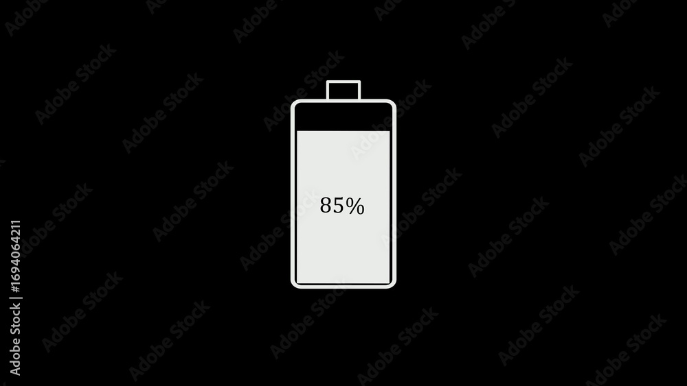 Poster a minimalistic battery indicator displaying 85 percent charge on a solid black background
