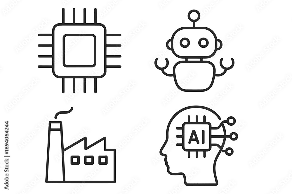 Poster technology and innovation line icon set. includes robot, ai in head, factory, and processor chip sym